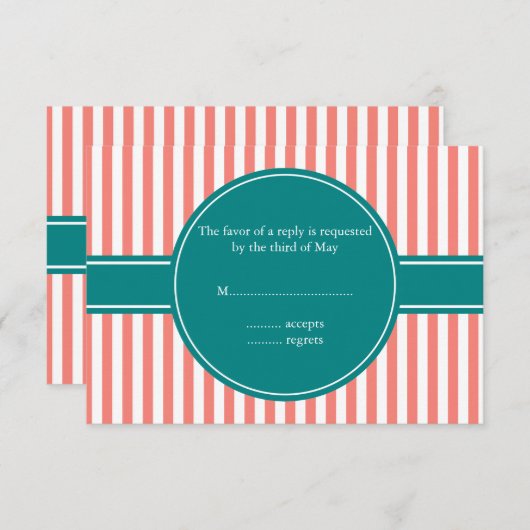 Coral Pink and White Stripes andTeal Wedding RSVP (Voorkant / Achterkant)