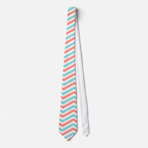 Coral Pink, Aqua Blue, witte Chevron strepen Stropdas