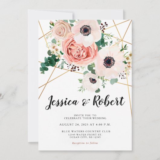 Coral Pink Bloemen Elegant Bruiloft Kaart (Voorkant)
