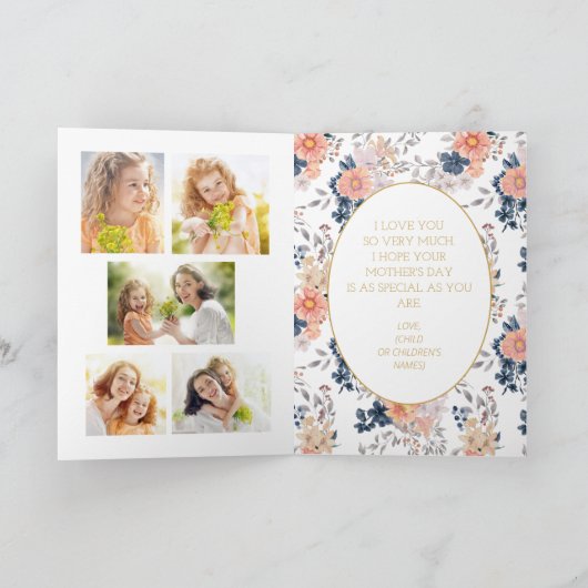 Coral Pink Blue Floral Moederdag 5-fotokaart Kaart (Binnen)