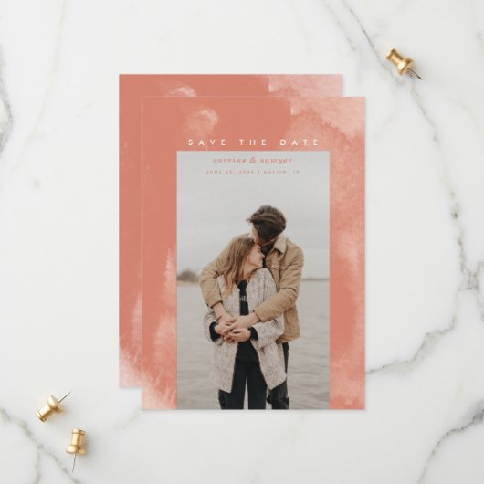 Coral Pink Boho Waterverf Save the Date (Voorkant / Achterkant in situ)