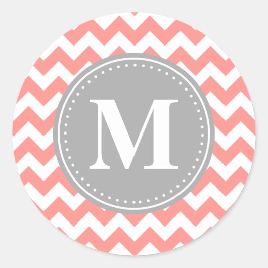 Coral Pink Chevron Zigzag Gray Monogram Ronde Sticker (Voorkant)