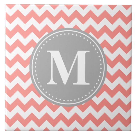 Coral Pink Chevron Zigzag Gray Monogram Tegeltje (Voorkant)