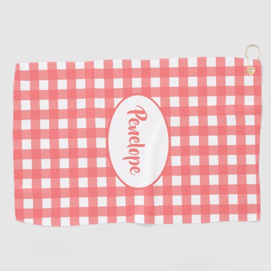 Coral Pink Classy Gingham Pattern met naam Golfhanddoek (Horizontaal)