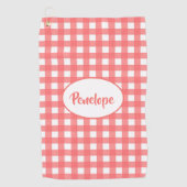 Coral Pink Classy Gingham Pattern met naam Golfhanddoek (Voorkant)