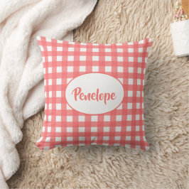 Coral Pink Classy Gingham Pattern met naam Kussen