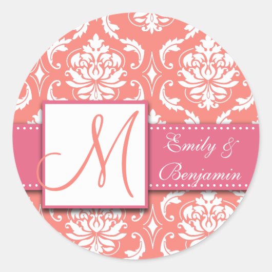 Coral Pink Damask Trouwgunst Sticker Roze (Voorkant)