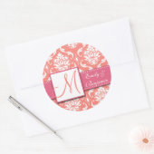 Coral Pink Damask Trouwgunst Sticker Roze (Envelop)