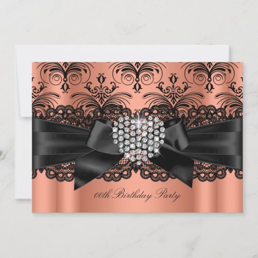 Coral Pink Diamond Heart Damask Birthday Party Kaart (Voorkant)