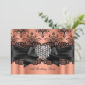 Coral Pink Diamond Heart Damask Birthday Party Kaart (Staand voorkant)