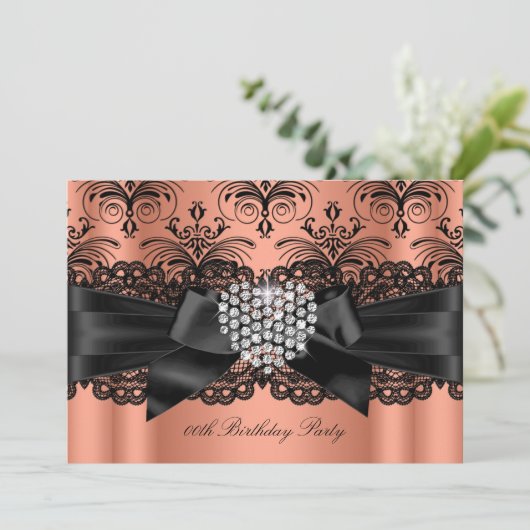 Coral Pink Diamond Heart Damask Birthday Party Kaart (Staand voorkant)