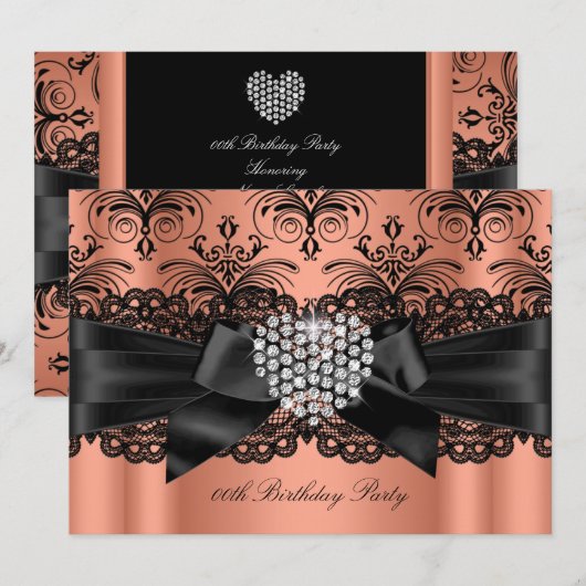Coral Pink Diamond Heart Damask Birthday Party Kaart (Voorkant / Achterkant)