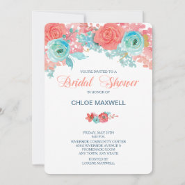 Coral Pink en Aqua Floral Vrijgezellenfeest Invite Kaart