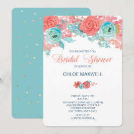 Coral Pink en Aqua Floral Vrijgezellenfeest Invite Kaart