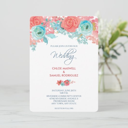 Coral Pink en Aqua Floral Wedding Kaart (Staand voorkant)