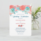 Coral Pink en Aqua Floral Wedding Kaart (Staand voorkant)