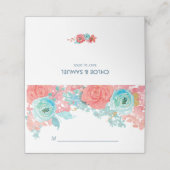 Coral Pink en Aqua Floral Wedding Plaatskaartje (Buitenkant ongevouwen)