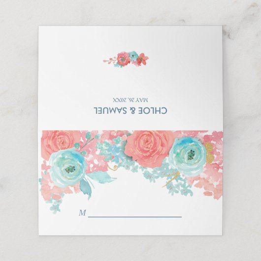 Coral Pink en Aqua Floral Wedding Plaatskaartje (Buitenkant ongevouwen)