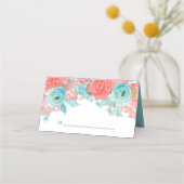 Coral Pink en Aqua Floral Wedding Plaatskaartje (Voorkant)