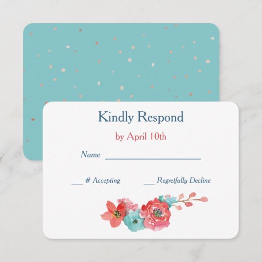 Coral Pink en Aqua Floral Wedding RSVP (Voorkant / Achterkant)
