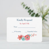 Coral Pink en Aqua Floral Wedding RSVP (Staand voorkant)