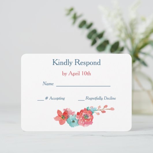 Coral Pink en Aqua Floral Wedding RSVP (Staand voorkant)