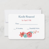 Coral Pink en Aqua Floral Wedding RSVP (Voorkant)