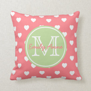 Coral Pink en Mint Green Hearts Monogram Kussen