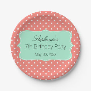 Coral Pink en Mint Green Polka Dot Birthday Party Papieren Bordje