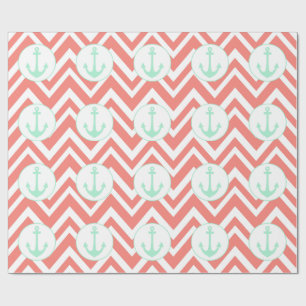 Coral Pink en White Chevron met Mint Nautical Cadeaupapier