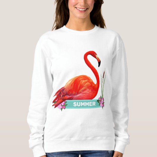 Coral Pink Flamingo & Flowers T-Shirt (Voorkant)