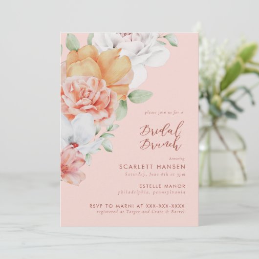 Coral Pink Floral Bridal Brunch Shower Kaart (Staand voorkant)