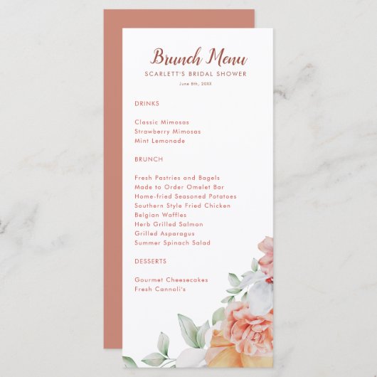 Coral Pink Floral Bridal Brunch Shower Menu (Voorkant / Achterkant)