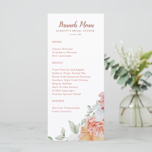 Coral Pink Floral Bridal Brunch Shower Menu (Staand voorkant)