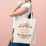 Coral Pink Floral Greenery Wedding Bridesmaid Tote Bag<br><div class="desc">Het grillige ontwerp van de florale canvas tas kenmerkt een heleboel mooie waterverf bloemen en groen] dat een douanemonogramnaam in perzige roze moderne manuscript, samen met donkergrijze douanetekst met hun bridale partijtitel lijsten. De kleuren zijn onder meer wazige roze, koraal oranje, geel en violet bloemen met een pluizende en donkerdere...</div>