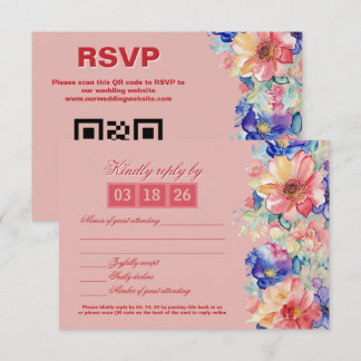 Coral Pink Floral Modern Wedding RSVP Kaartje