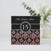 CORAL PINK GLITTER EFFECT BLACK DAMASK QUINCEANERA KAART (Staand voorkant)