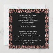 CORAL PINK GLITTER EFFECT BLACK DAMASK QUINCEANERA KAART (Achterkant)