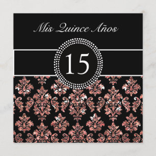 CORAL PINK GLITTER EFFECT BLACK DAMASK QUINCEANERA KAART