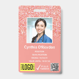 Coral Pink Glitter Foto ID QR Barcode Badge