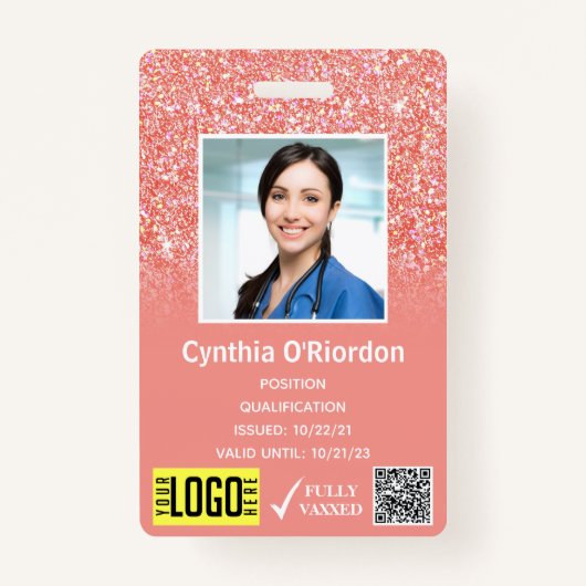 Coral Pink Glitter Foto ID QR Barcode Badge (Voorkant)