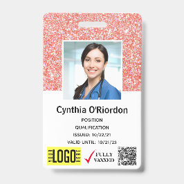 Coral Pink Glitter-technicus Foto-ID QR Barcode Badge