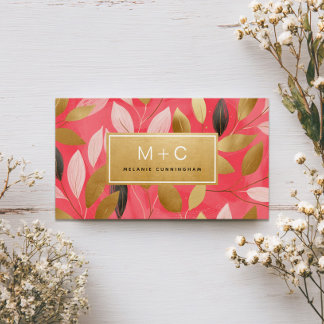 Coral Pink Gold Leaves Monogram Business Cards Visitekaartje