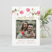 Coral Pink Gold Magnolia Floral PHOTO Save The Date (Staand voorkant)