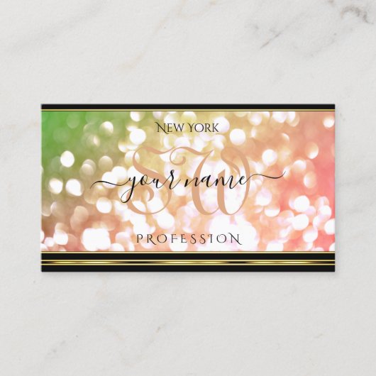 Coral Pink Green Ombre Glitter Initialen Gold Blac Visitekaartje (Voorkant)