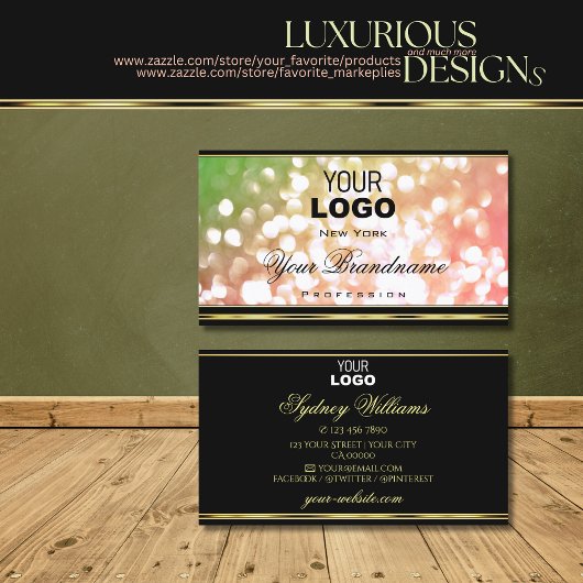 Coral Pink Green Ombre Glitter Logo Gold en Black Visitekaartje