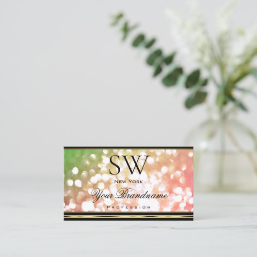 Coral Pink Green Ombre Glitter Monogram Gold Black Visitekaartje (Staand voorkant)