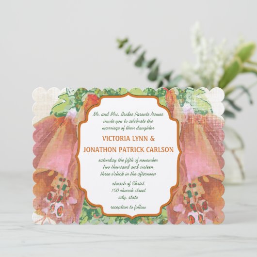 Coral Pink Green Wedding Typography Wedding Kaart (Staand voorkant)