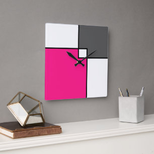 Coral Pink Grey Squares Vierkante Klok