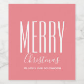 Coral Pink Merry Christmas gepersonaliseerd Wijn Etiket (Enkel label)